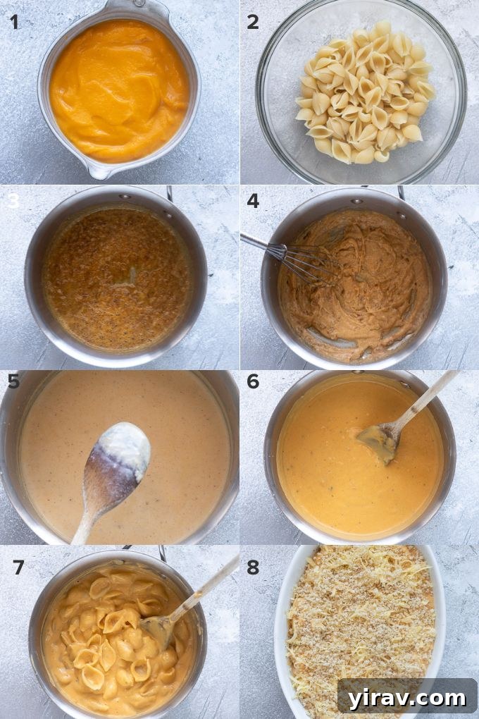 Golden Butternut Macaroni 5 Step-by-step process of making mac and cheese with butternut squash.
