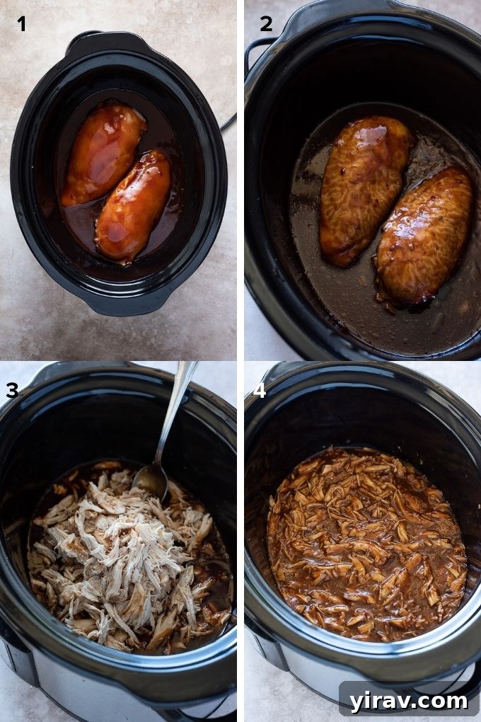 Set-It-and-Forget-It BBQ Pulled Chicken 4 Collage showing the steps to make BBQ pulled chicken in a slow cooker