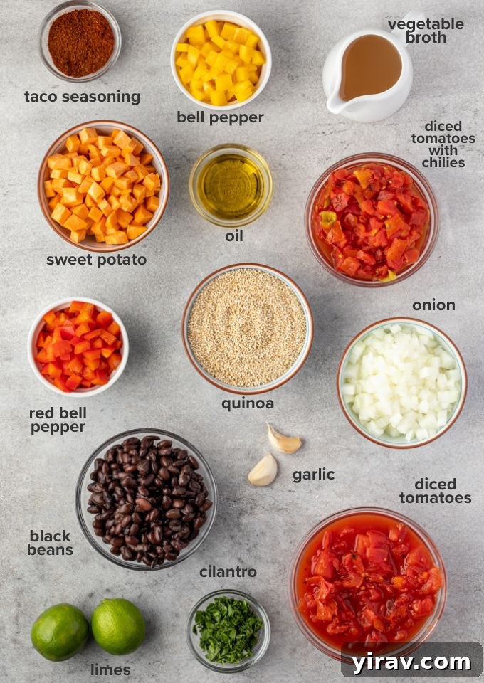 A collage of raw ingredients for Mexican quinoa recipe, including quinoa, black beans, sweet potato, bell peppers, tomatoes, and spices