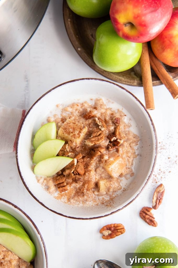Apple Pie Slow Cooker Oatmeal 2 Creamy Crockpot steel cut oats in a bowl with apple slices, ready to serve