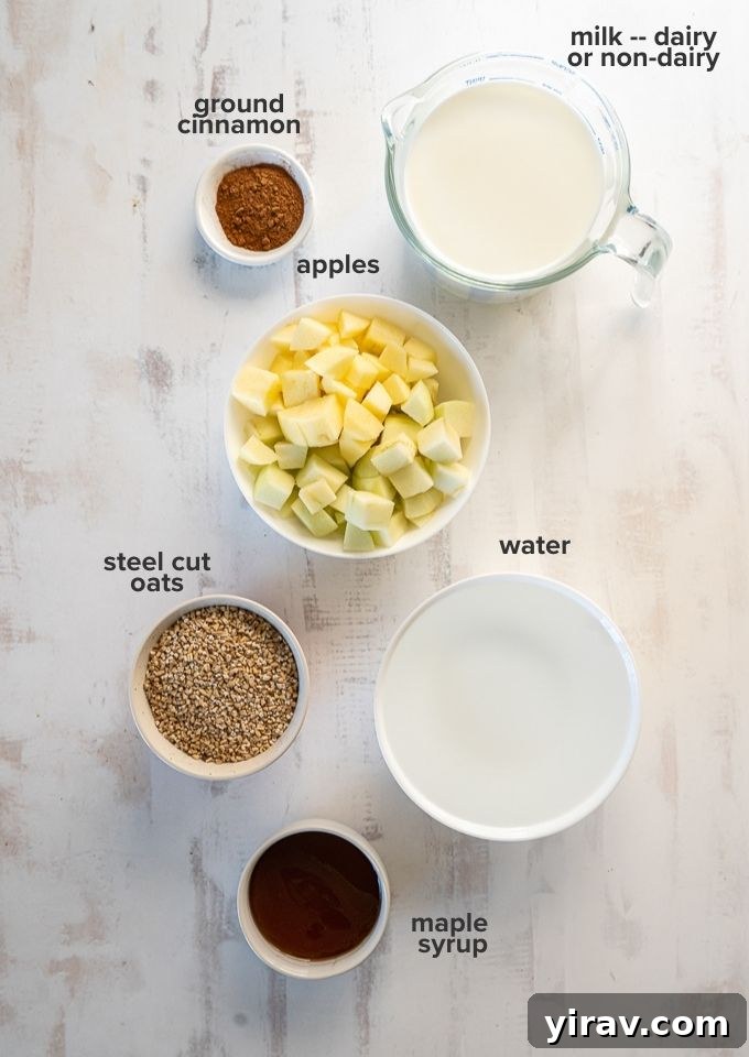 Apple Pie Slow Cooker Oatmeal 4 Slow cooker steel cut oats ingredients including apples, oats, milk, maple syrup, and cinnamon