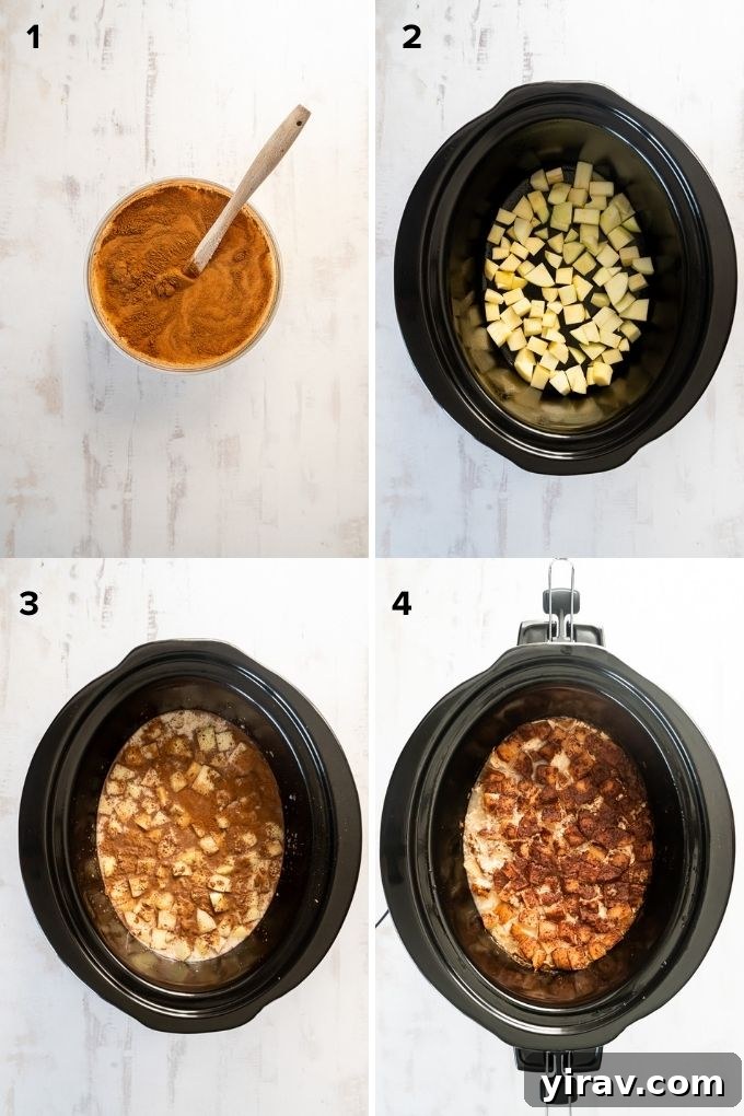 Apple Pie Slow Cooker Oatmeal 6 Visual guide showing the steps to prepare apple crockpot steel cut oats
