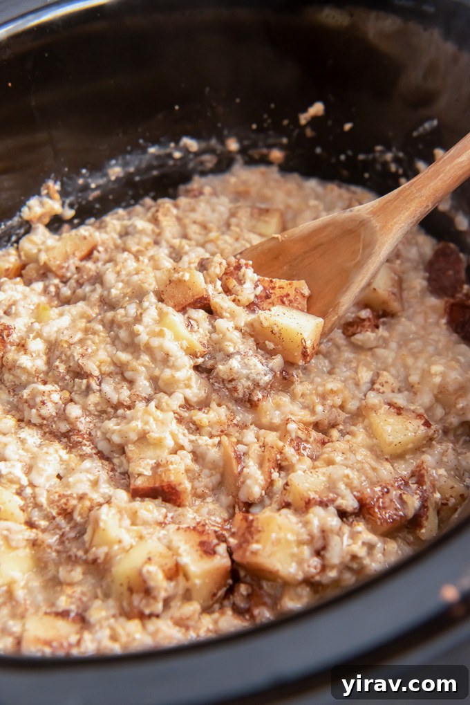 Apple Pie Slow Cooker Oatmeal 7 Wooden spoon scooping creamy apple steel cut oats from a bowl