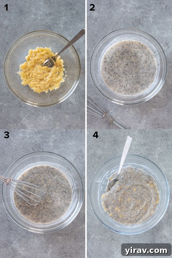 A step-by-step collage showing how to prepare banana chia pudding, from mashing bananas to mixing ingredients and the final creamy result.
