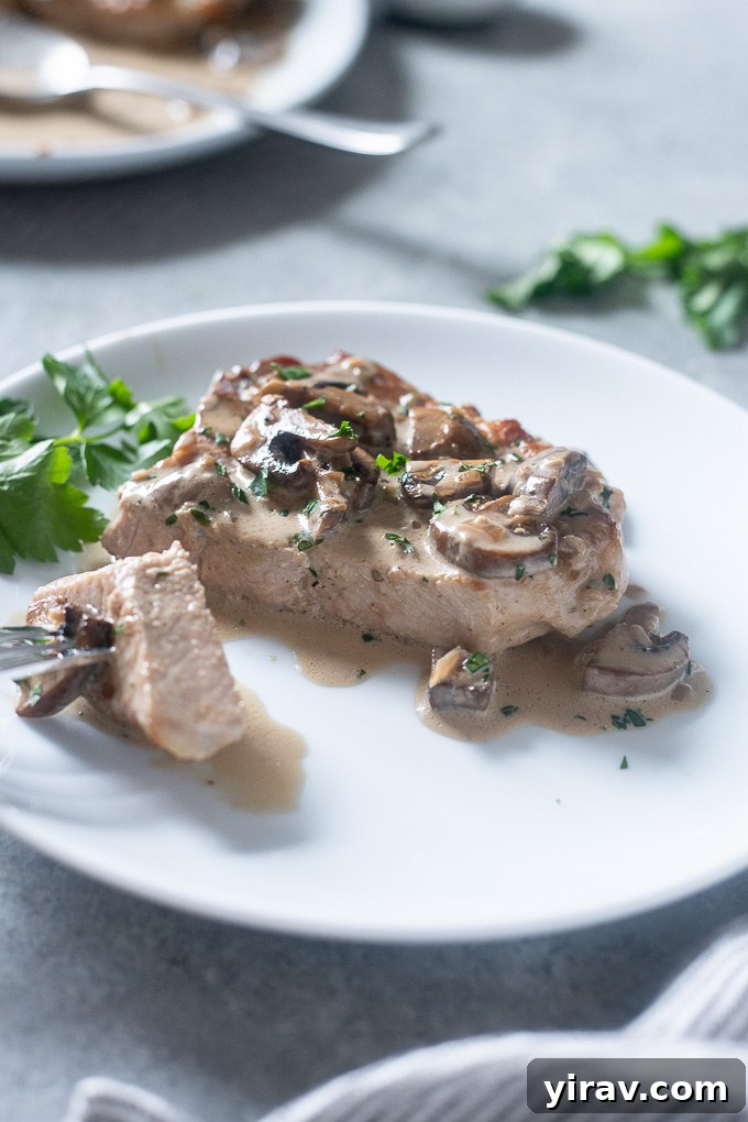 Pork chop on a plate with mushroom cream sauce