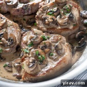 Pork chops with creamy mushroom sauce in pan