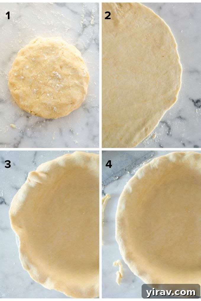 Golden Pear Pie 4 Step-by-step image showing how to roll out pie crust dough on a lightly floured surface with a rolling pin.
