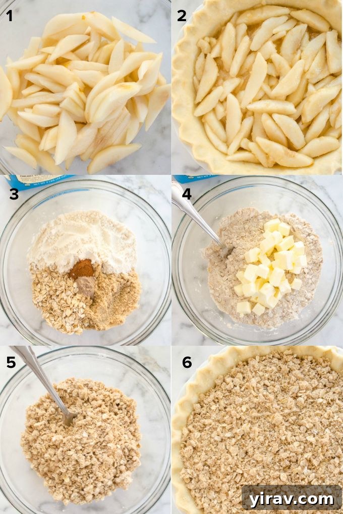 Golden Pear Pie 5 A collage showing the process of making pear pie filling and streusel topping: sliced pears in a bowl, pears mixed with spices, streusel ingredients, and streusel being mixed.