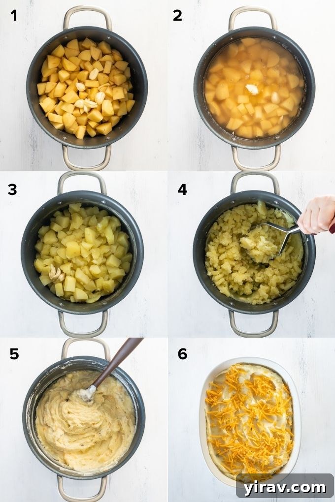 A step-by-step collage showing how to prepare twice baked mashed potatoes: boiling potatoes, mashing, mixing ingredients, and topping with cheese before baking.