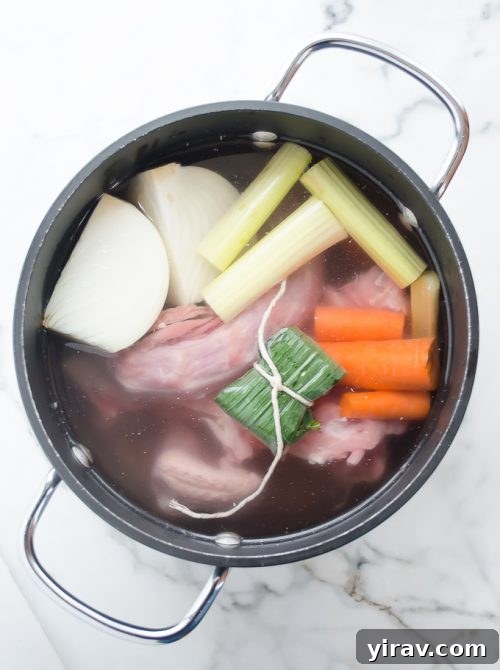 Homemade turkey stock ingredients in pot