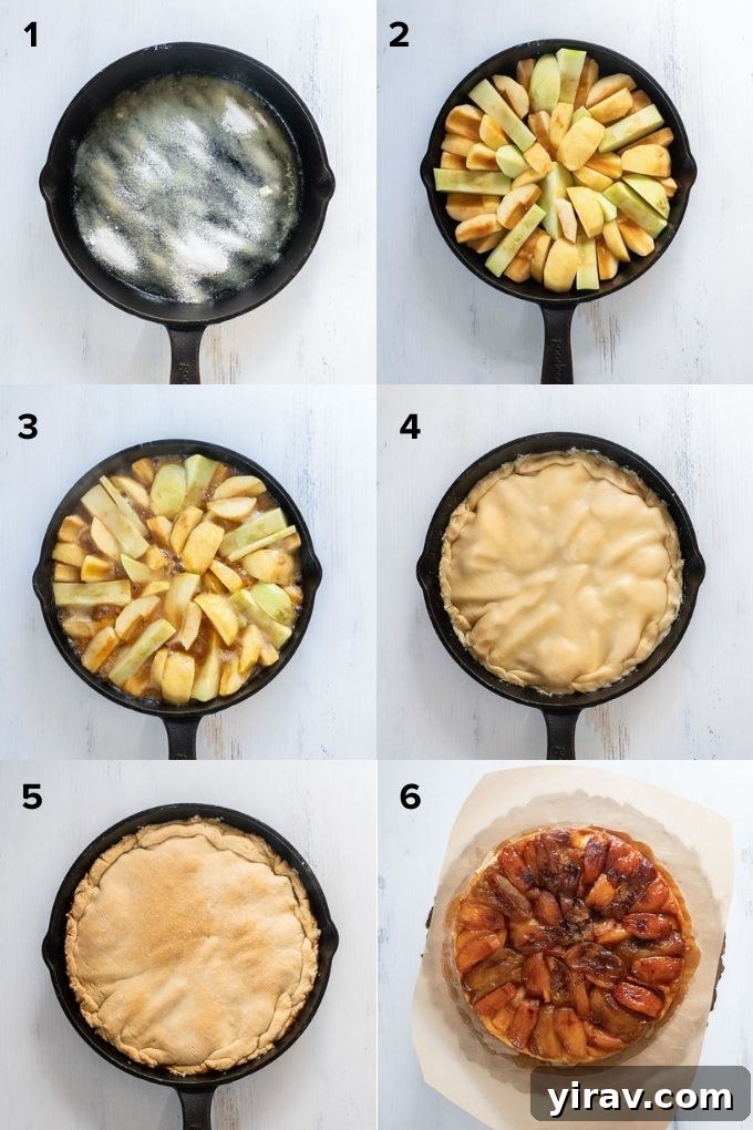 Signature Apple Tarte Tatin 5 A visual guide demonstrating the process of making apple tarte tatin, showing apples arranged in a skillet and covered with pie dough.