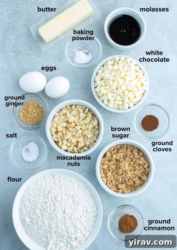 Collection of gingerbread biscotti recipe ingredients laid out on a table, including flour, spices, butter, eggs, molasses, macadamia nuts, and white chocolate chips.