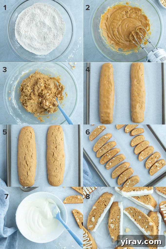 Step-by-step process of making gingerbread biscotti, including mixing ingredients, shaping dough, and baking.