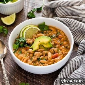 front view of white bean turkey chili in bowl