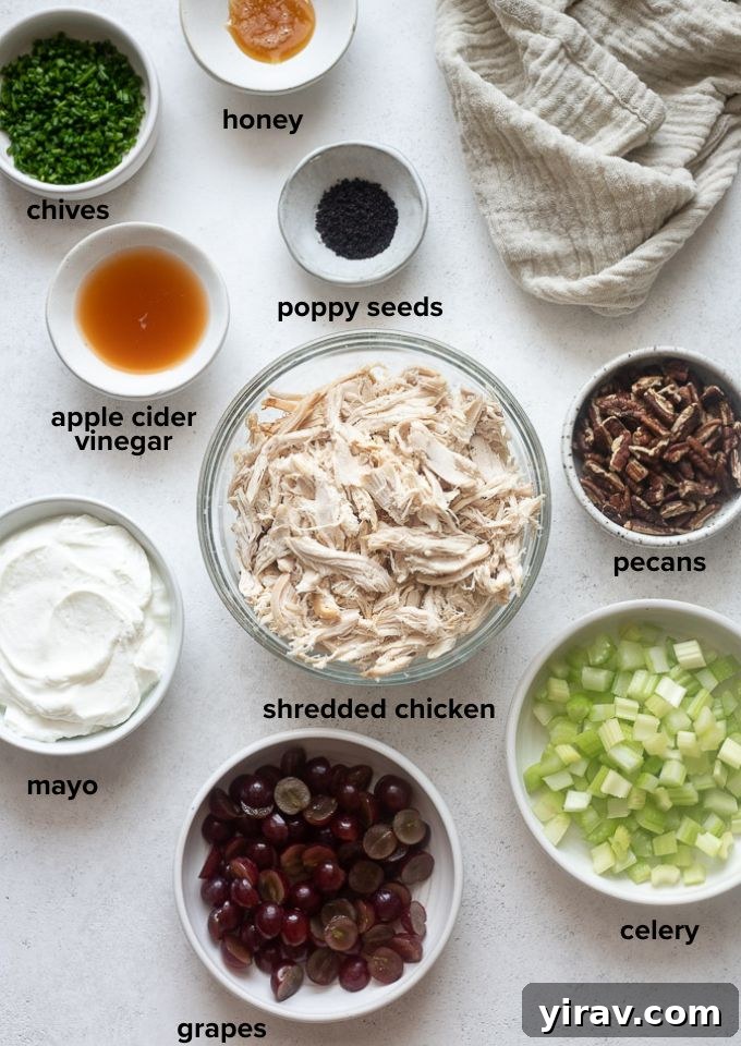 A collection of fresh ingredients laid out for Sonoma chicken salad, including chicken, grapes, pecans, and dressing components.