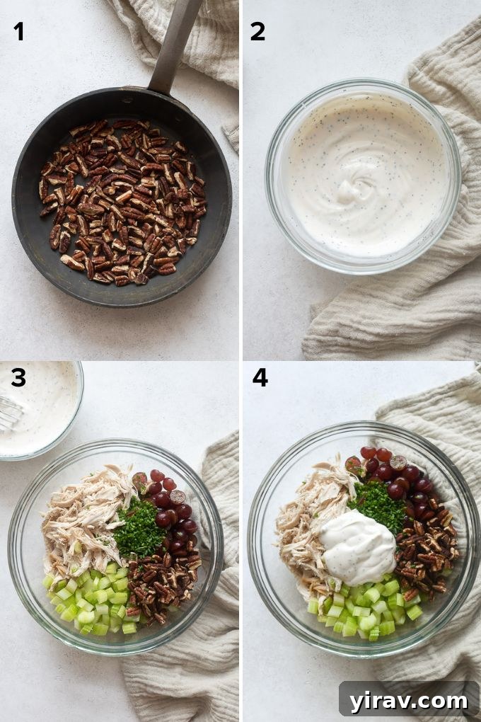 Step-by-step process of combining ingredients for chicken salad with grapes and pecans.