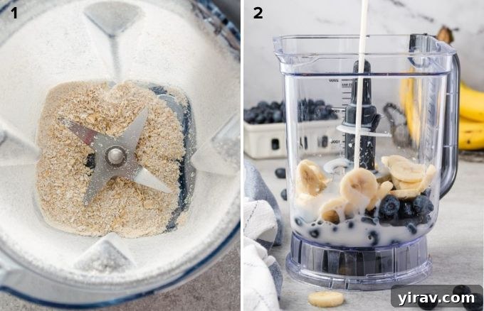 A sequence of three photos illustrating the simple steps to make a blueberry banana smoothie: first, oats are added to a blender; second, various fruits and liquids are added; third, the mixture is blended to perfection.
