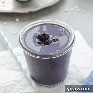 Close-up of a perfectly blended blueberry banana oat smoothie in a glass, garnished with fresh berries and a light sprinkle of oats on top.