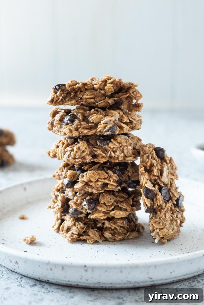 Stack of healthy banana oatmeal breakfast cookies, showcasing their chewy texture and golden-brown edges. Perfect for a nutritious start to the day.