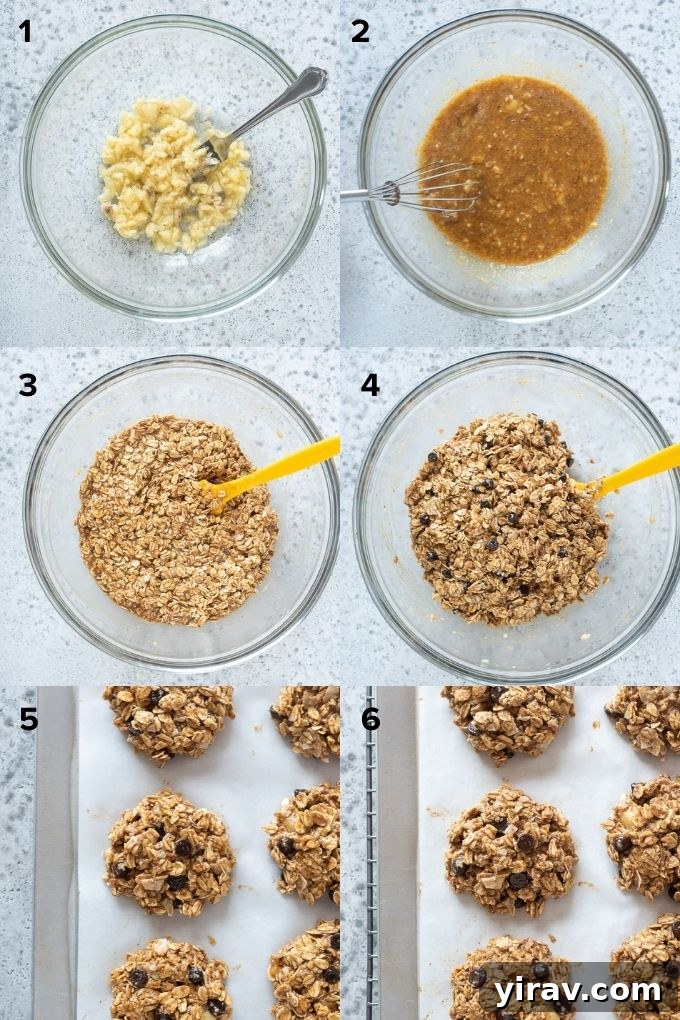 A visual guide illustrating the simple process of mixing ingredients for healthy banana breakfast cookies in a large bowl.