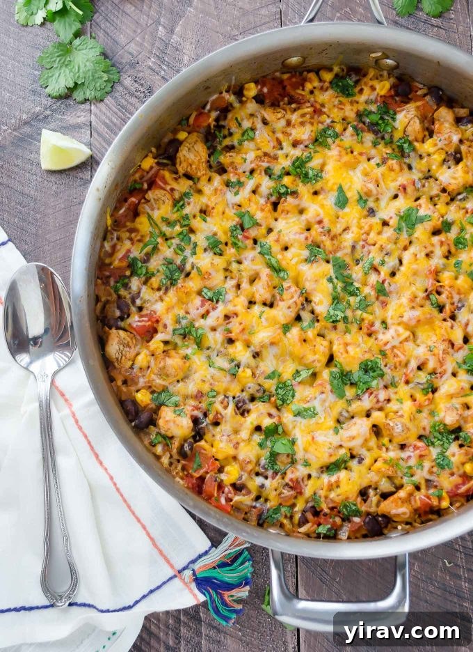 Effortless Fiesta Rice Bake 2 A bubbling skillet of One Pot Mexican Chicken Rice Casserole, garnished with fresh cilantro, ready to be served.