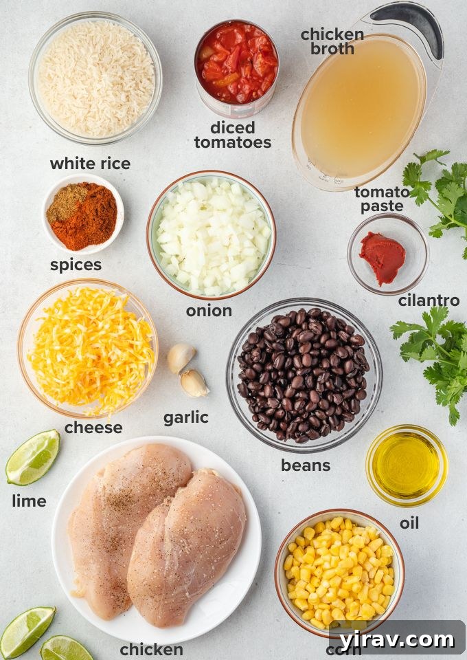 Effortless Fiesta Rice Bake 4 All ingredients laid out for Mexican chicken rice casserole, including chicken, rice, beans, corn, and spices.