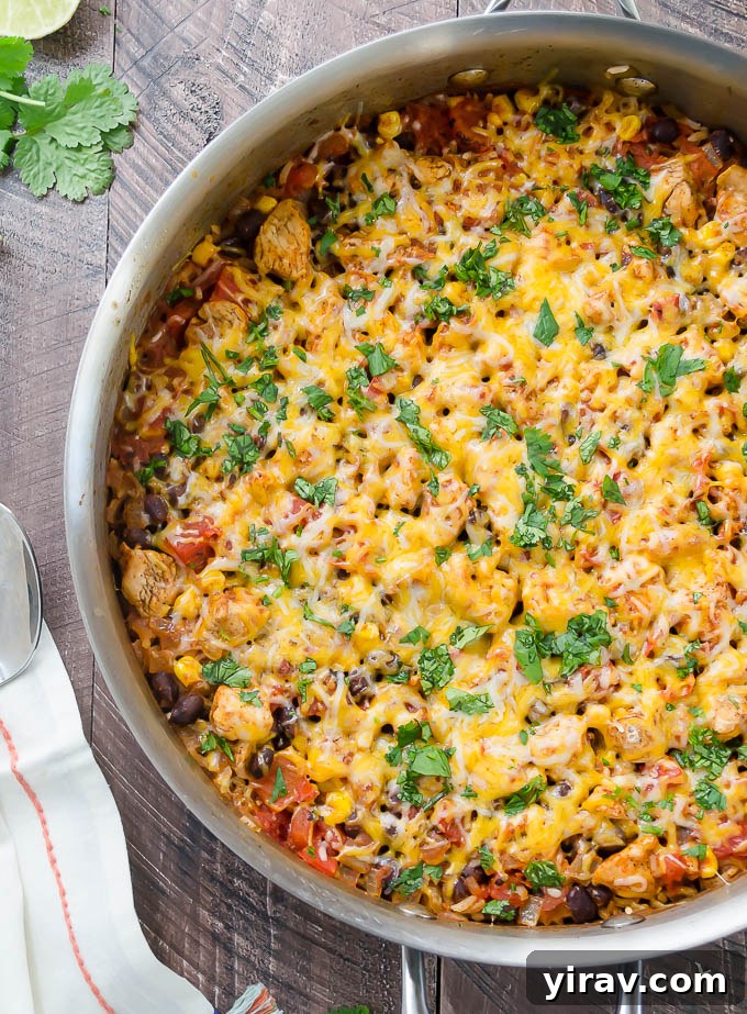Effortless Fiesta Rice Bake 6 A freshly made One Pot Mexican Chicken Rice Casserole in a skillet, topped with melted cheese and vibrant cilantro, ready to be enjoyed.