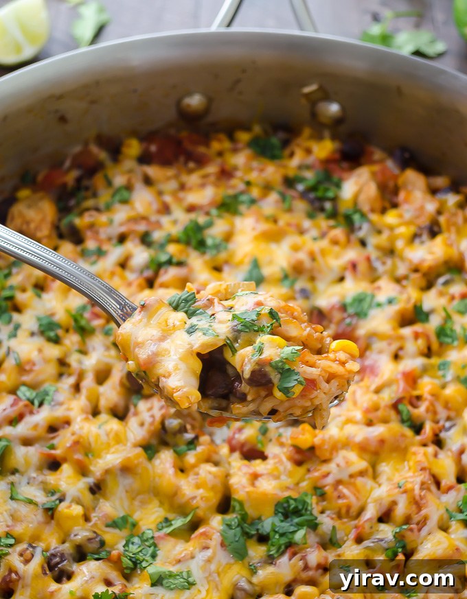 Effortless Fiesta Rice Bake 7 A spoonful of cheesy One Pot Mexican Chicken Rice Casserole being lifted from a skillet, showcasing the rich texture and melted cheese.