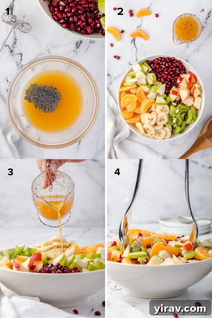 Four images showing the step-by-step process of making winter fruit salad