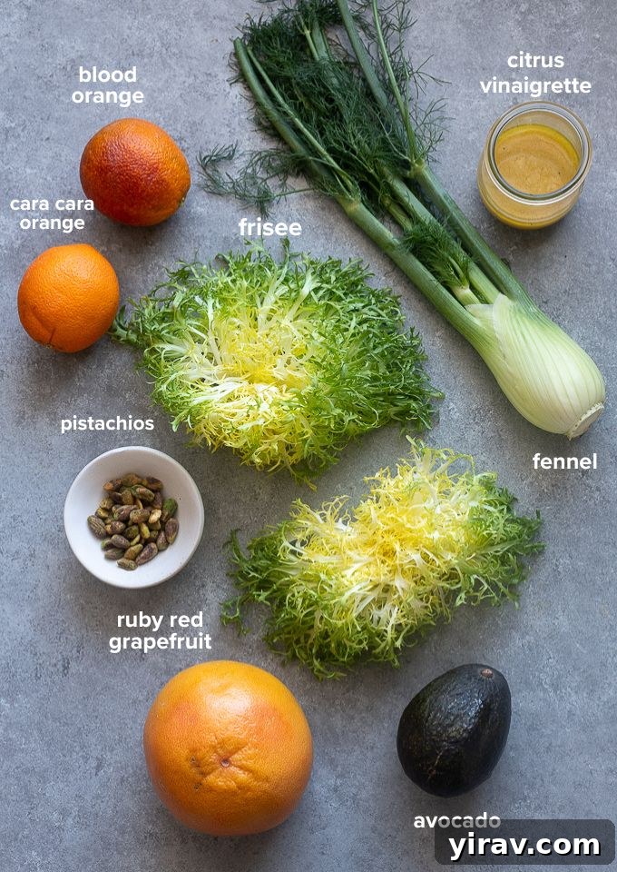 Fresh ingredients for a frisée citrus salad, including various citrus fruits, frisée, fennel, and avocado laid out.