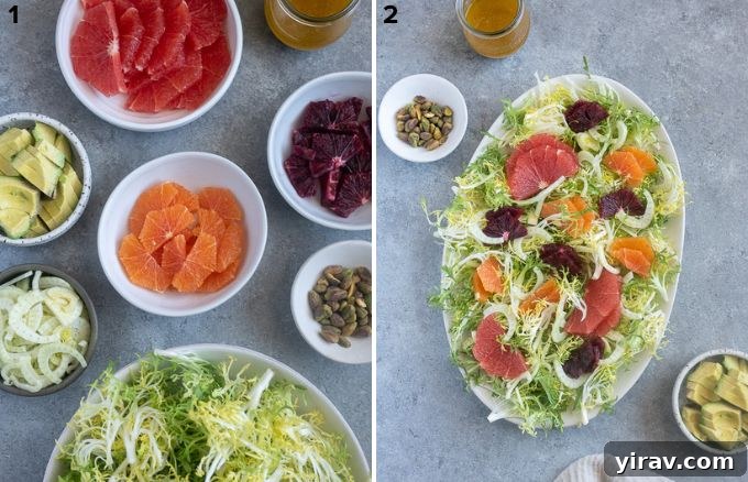 A visual guide showing the assembly process of a frisée citrus salad on a serving platter.