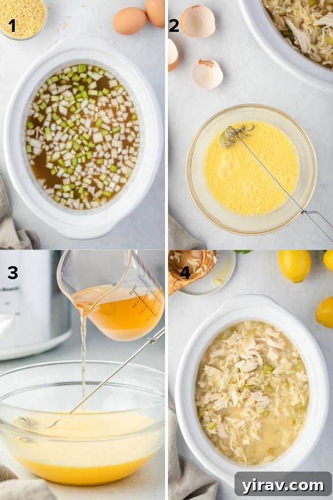 A step-by-step image showing the process of tempering eggs with hot broth for avgolemono soup.