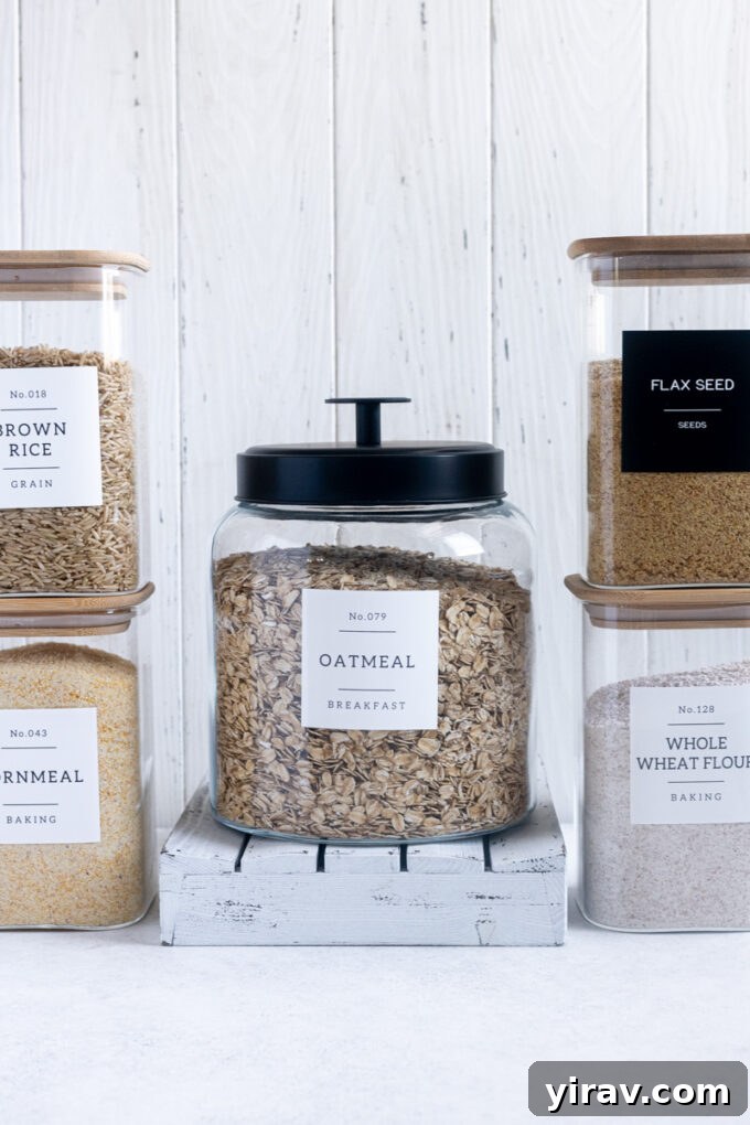 Variety of flours and grains including rolled oats, whole wheat flour, cornmeal and flaxseed meal.