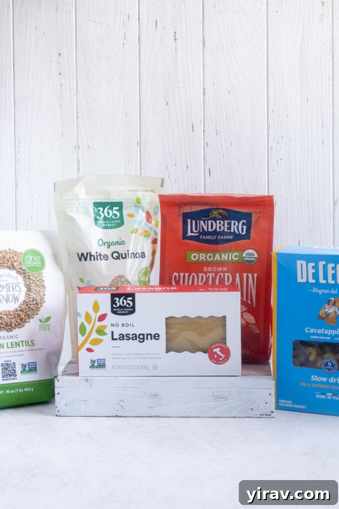Whole grains, pasta and legumes including quinoa, brown rice, dried pasta and lentils.