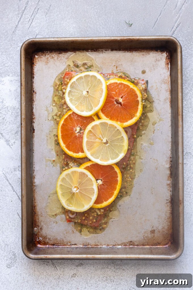 Salmon filet with citrus dijon sauce, sliced shallots and lemon and orange slices.