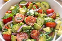 Cucumber Tomato Avocado Salad with Lemon Basil Dressing