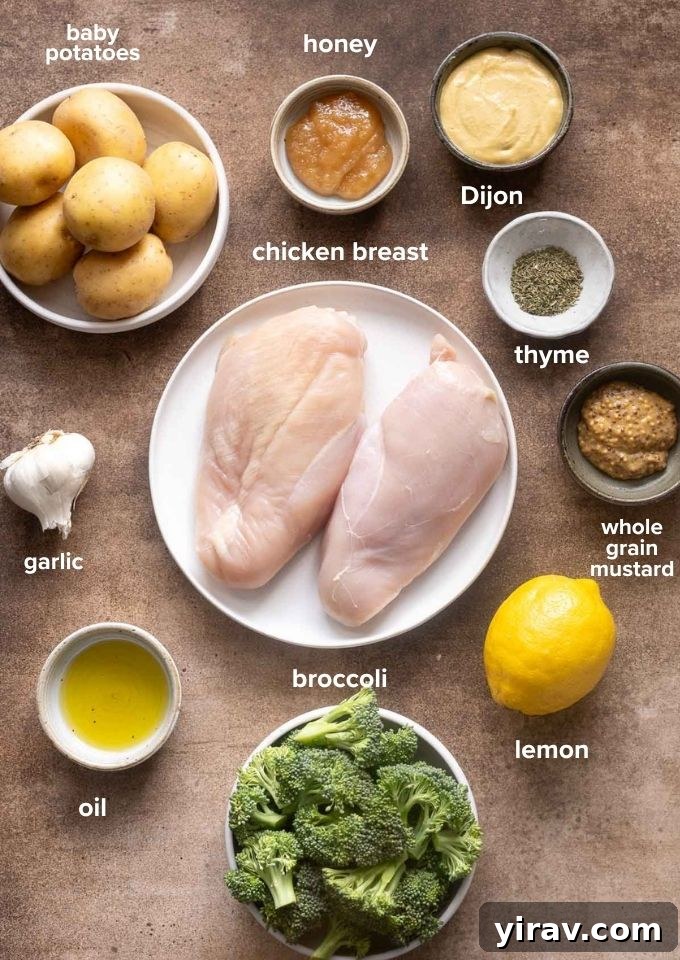 Ingredients for sheet pan Honey mustard chicken with potatoes and broccoli.