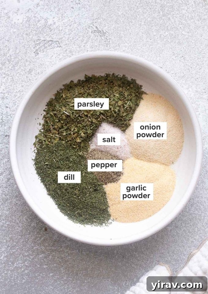 Ranch seasoning ingredients sectioned out and labelled.