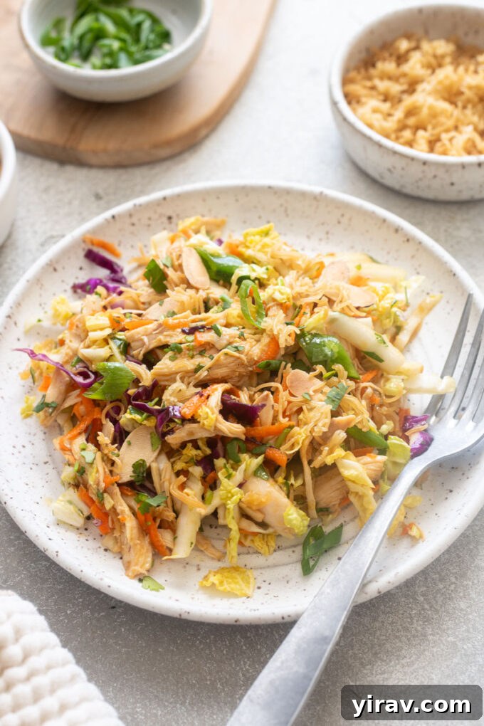 Crisp Asian Chicken Salad with Sesame Ginger Dressing 11 Serving of Chinese chicken salad topped with ramen noodles.