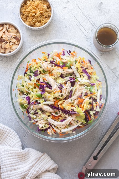 Crisp Asian Chicken Salad with Sesame Ginger Dressing 9 Chinese chicken salad combined in mixing bowl.
