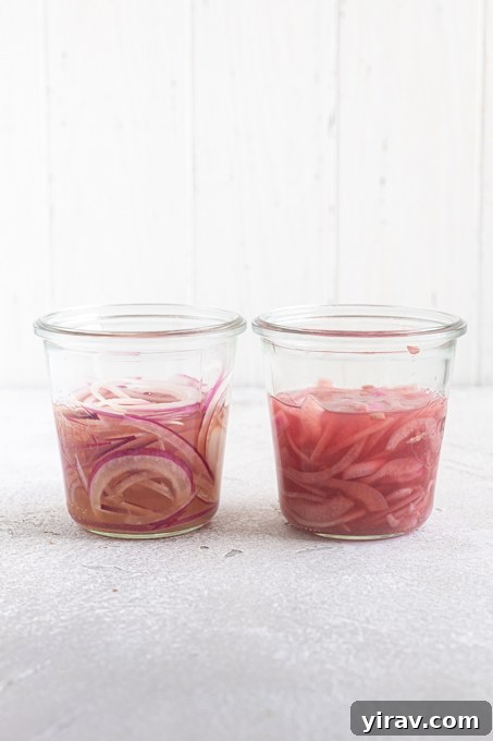 How to Make Quick Tangy Pickled Red Onions in 15 Minutes 11 Before and after shot of pickled red onions in jars side by side.