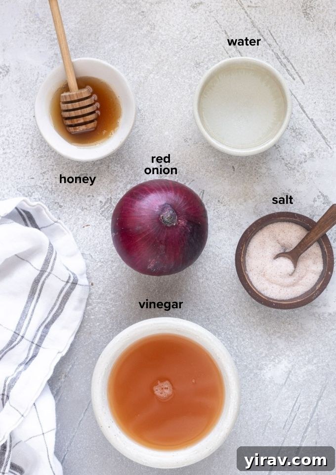 How to Make Quick Tangy Pickled Red Onions in 15 Minutes 4 Ingredients for pickled red onions.