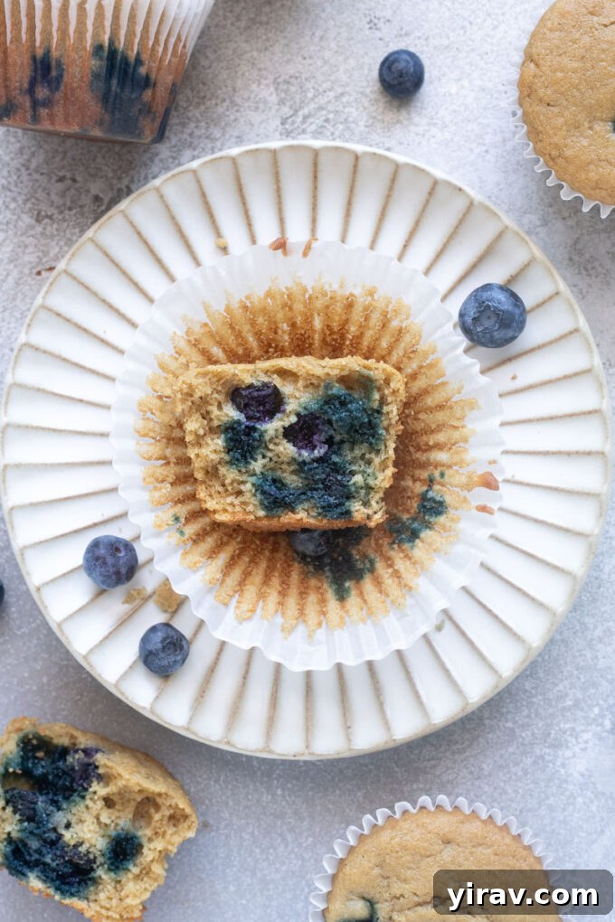 Blueberry Muffins Made with Oat Flour — Moist & Gluten-Friendly 9 Fluffy blueberry oat flour muffin cut in half on a plate with blueberries.