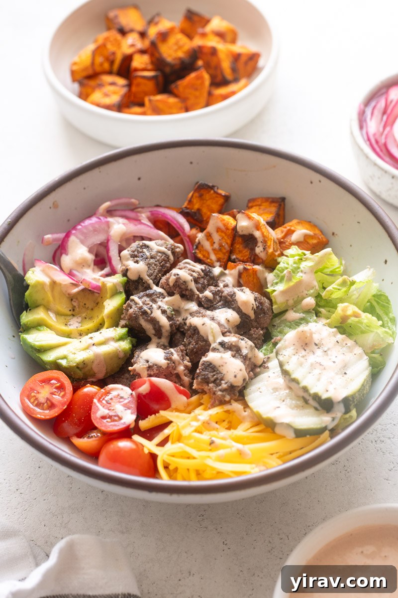 15+ Protein-Packed Salad Recipes for Meal Prep 10 Easy burger bowls with burger sauce drizzled over the top.