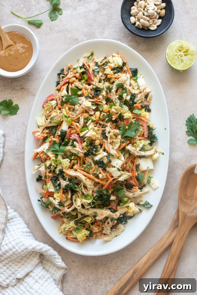 15+ Protein-Packed Salad Recipes for Meal Prep 3 Thai peanut chicken salad on a platter with peanut dressing.