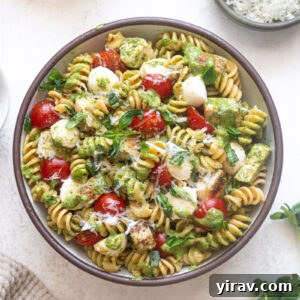 Chicken Pesto Pasta Salad with fresh basil and parmesan cheese.