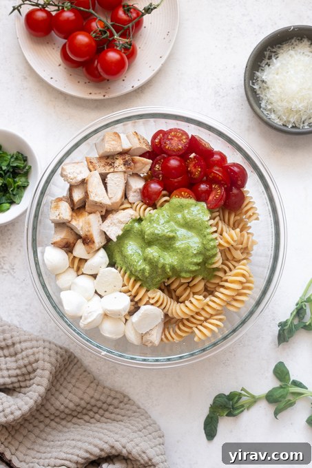Chicken pesto pasta salad ingredients in mixing bowl before tossing.