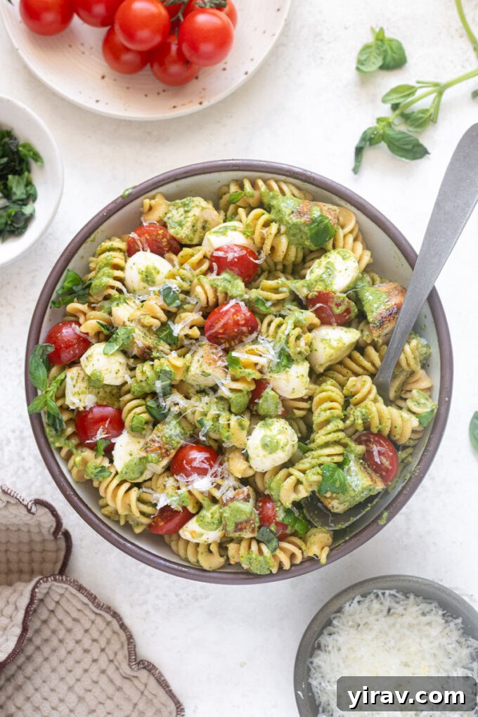 Protein pasta salad with chicken in a serving bowl.