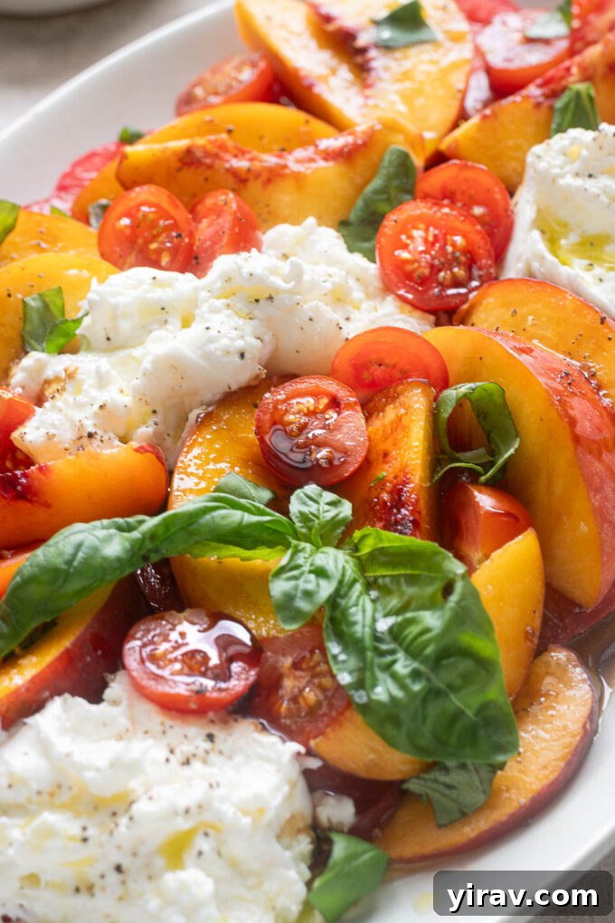 Tomato and Peach Burrata Salad Recipe 3 Tomato peach salad with burrata with fresh basil and balsamic glaze.