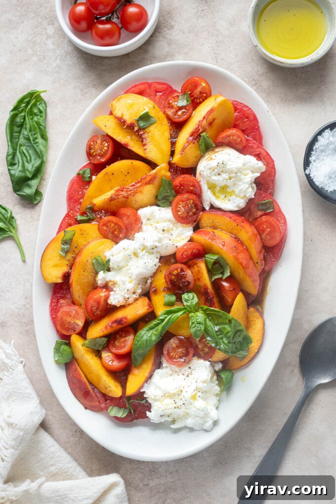 Tomato and Peach Burrata Salad Recipe 9 Burrata tomato peach salad with basil, olive oil and balsamic glaze.